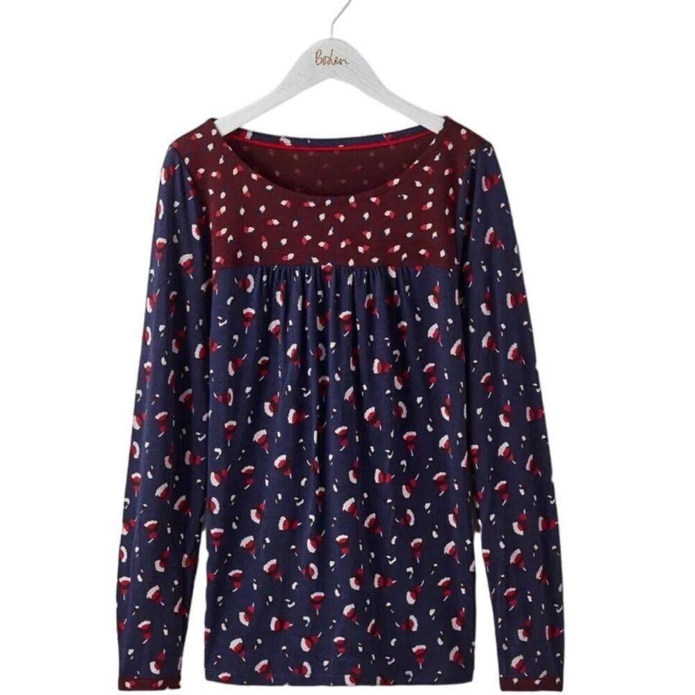 Boden Chepstow Jersey Top Fall Floral Print: Leaves, Acorns Navy Blue Burgundy